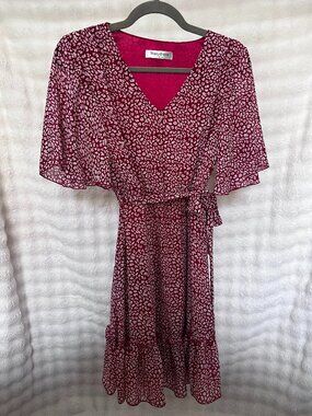 Manydress Burgundy Leopard Print Wrap Midi Dress - Small